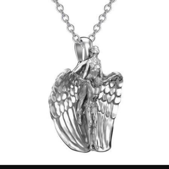 Silver titanium angel Saint winged goth necklace new - Picture 2 of 7